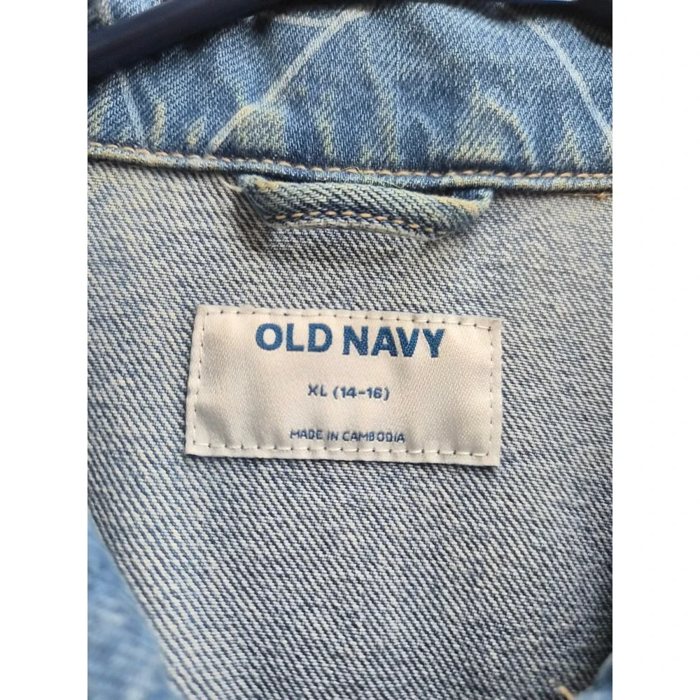 Old Navy Trucker Jacket Girls XL (14-16) Blue Allover Heart Print Button Front